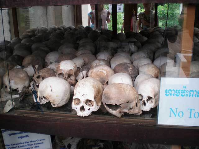 Skulls of the people who were killed during the Khmer Rough, are displayed at the Toul Seng Genocide Museum